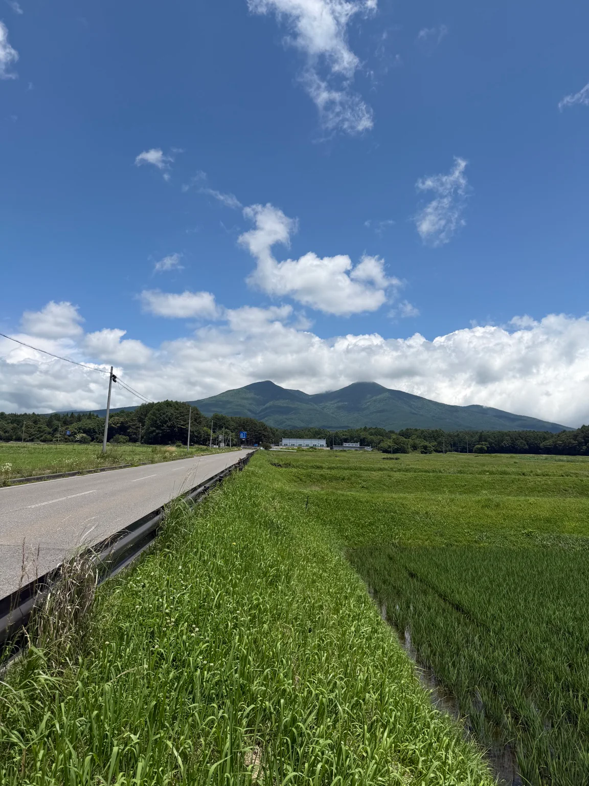 高原の道と雲をまとった八ヶ岳